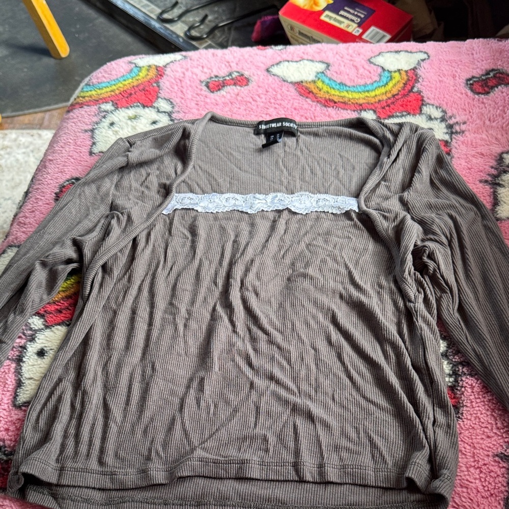 Forever 21 Taupe Long Sleeve Blouse with Lace Detail